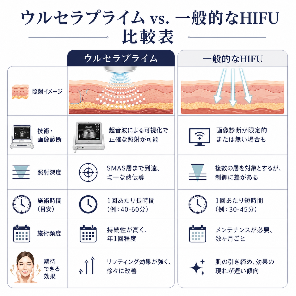ウルセラプライムと従来HIFUの違い表