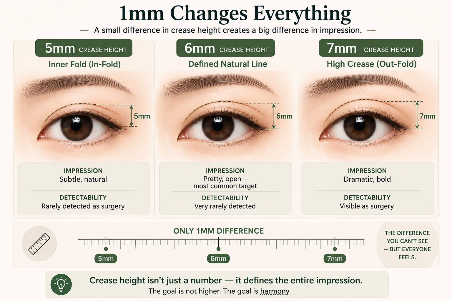 A 1mm difference in crease height — 5mm, 6mm, or 7mm — completely changes how natural or surgical the result appears. The 6mm defined natural line is the most commonly targeted result in Korean double eyelid surgery. Illustration: Respect Plastic Surgery, Seoul.