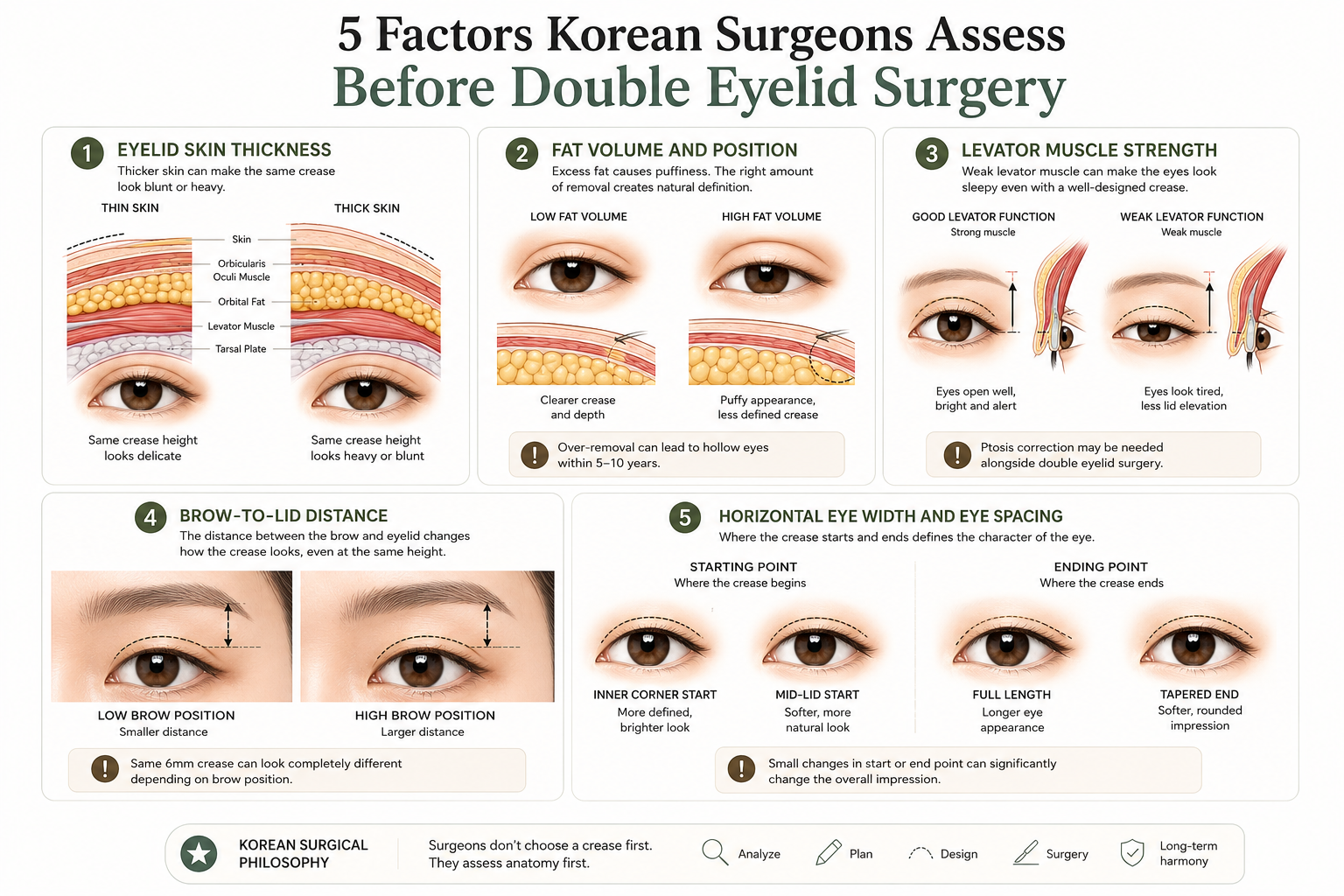 Infographic showing 5 factors Korean surgeons assess before double eyelid surgery: eyelid skin thickness, fat volume and position, levator muscle strength, brow-to-lid distance, and horizontal eye width — with anatomical diagrams and clinical illustrations from Respect Plastic Surgery Seoul