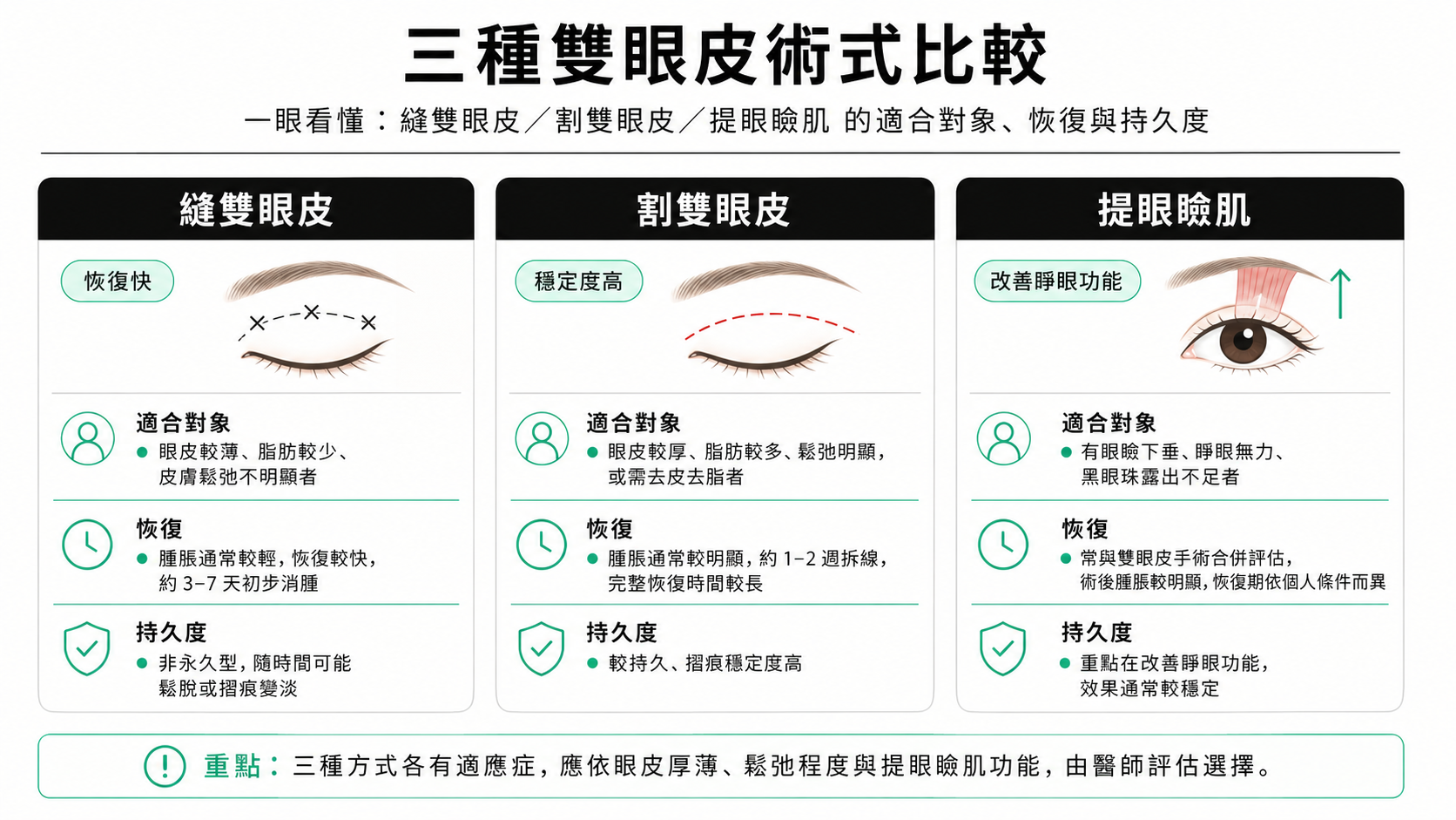 三種主要手術方式:縫、割、提眼瞼肌
