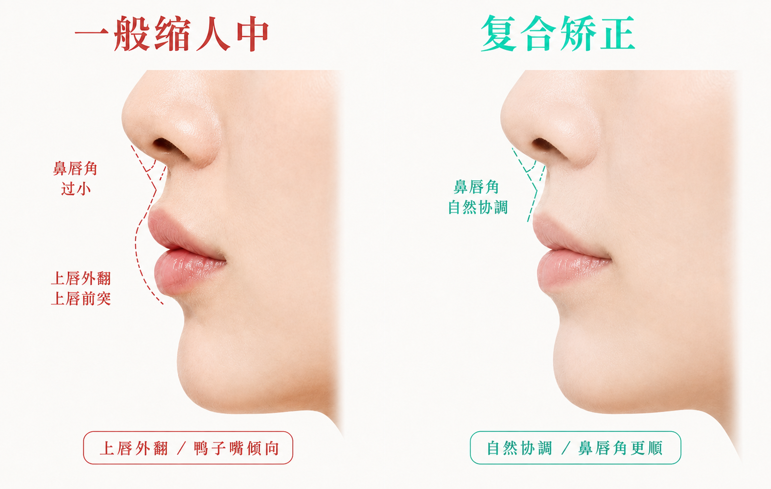 一般缩人中(只处理长度,易鸭子嘴)vs 复合矫正