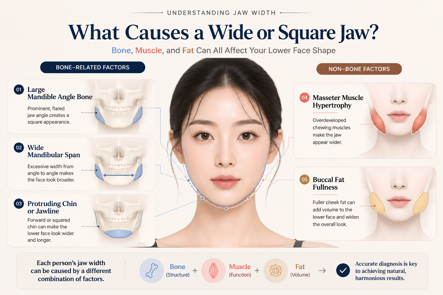 Diagram showing bone, muscle, and fat factors that contribute to a wide or square jaw appearance.