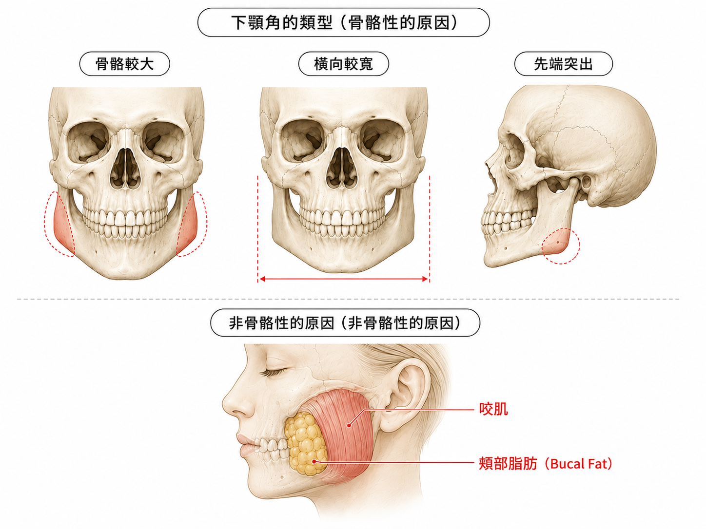 呈現腮骨外擴的症狀類型與骨頭・咬肌・頰脂肪墊差異的解說圖