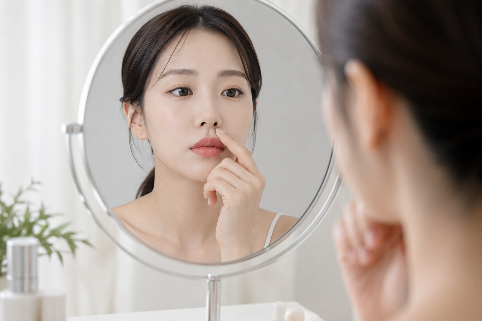 a woman checking the length of her philtrum in a mirror