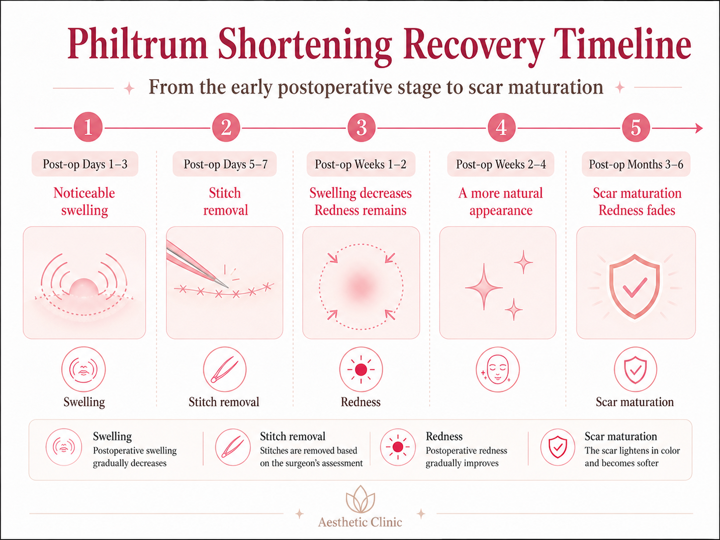 lip lift recovery timeline showing the course of swelling and redness