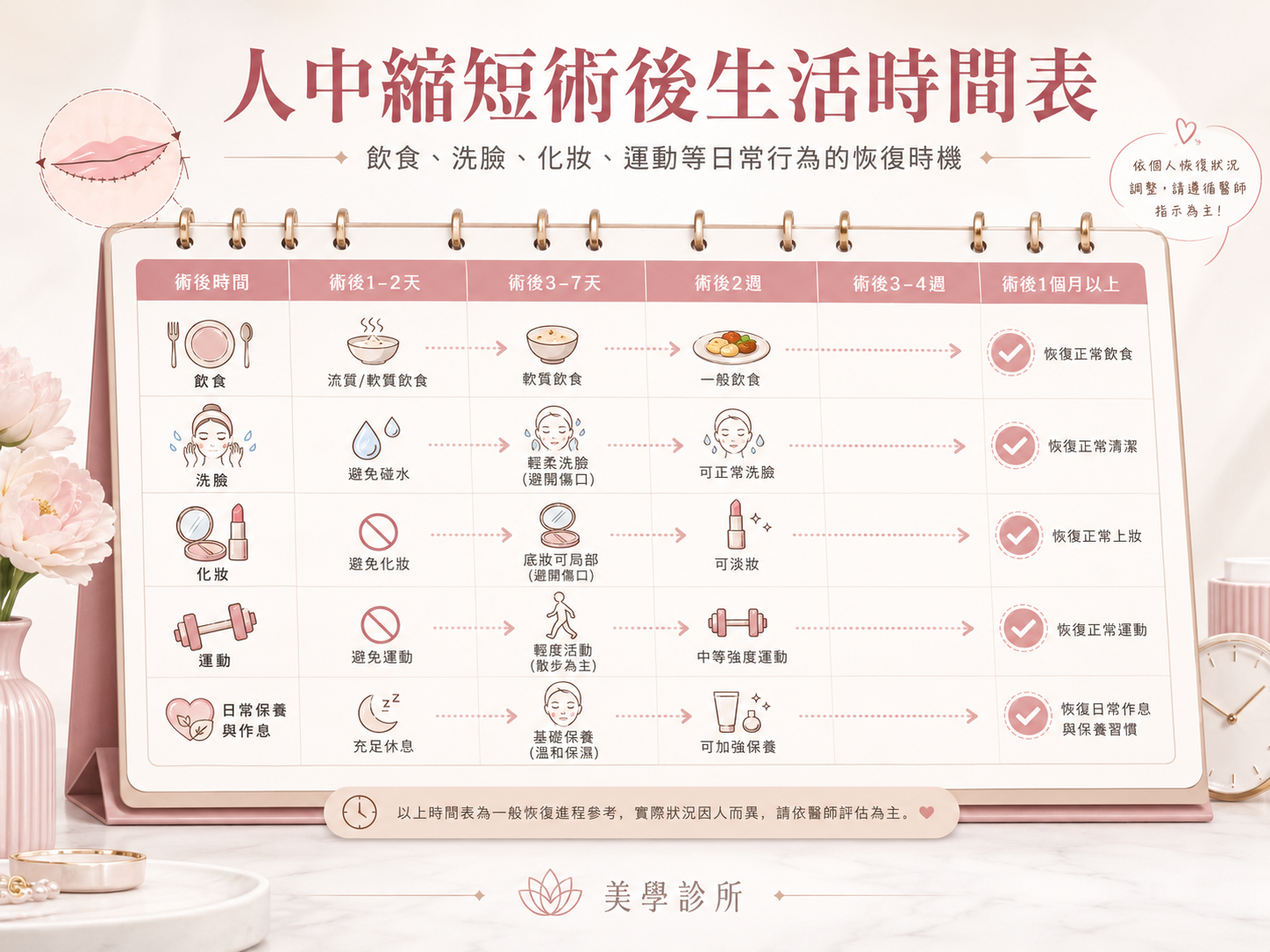 人中縮短後飲食與洗臉等術後生活恢復時機的示意圖