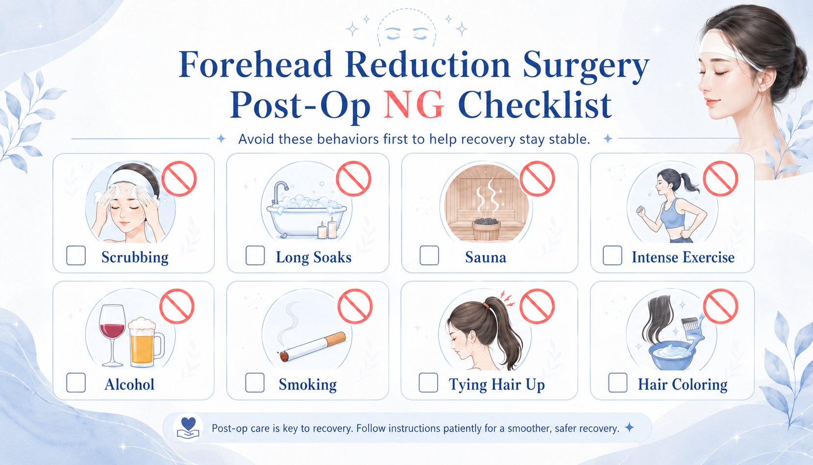 checklist of behaviors to avoid after forehead reduction