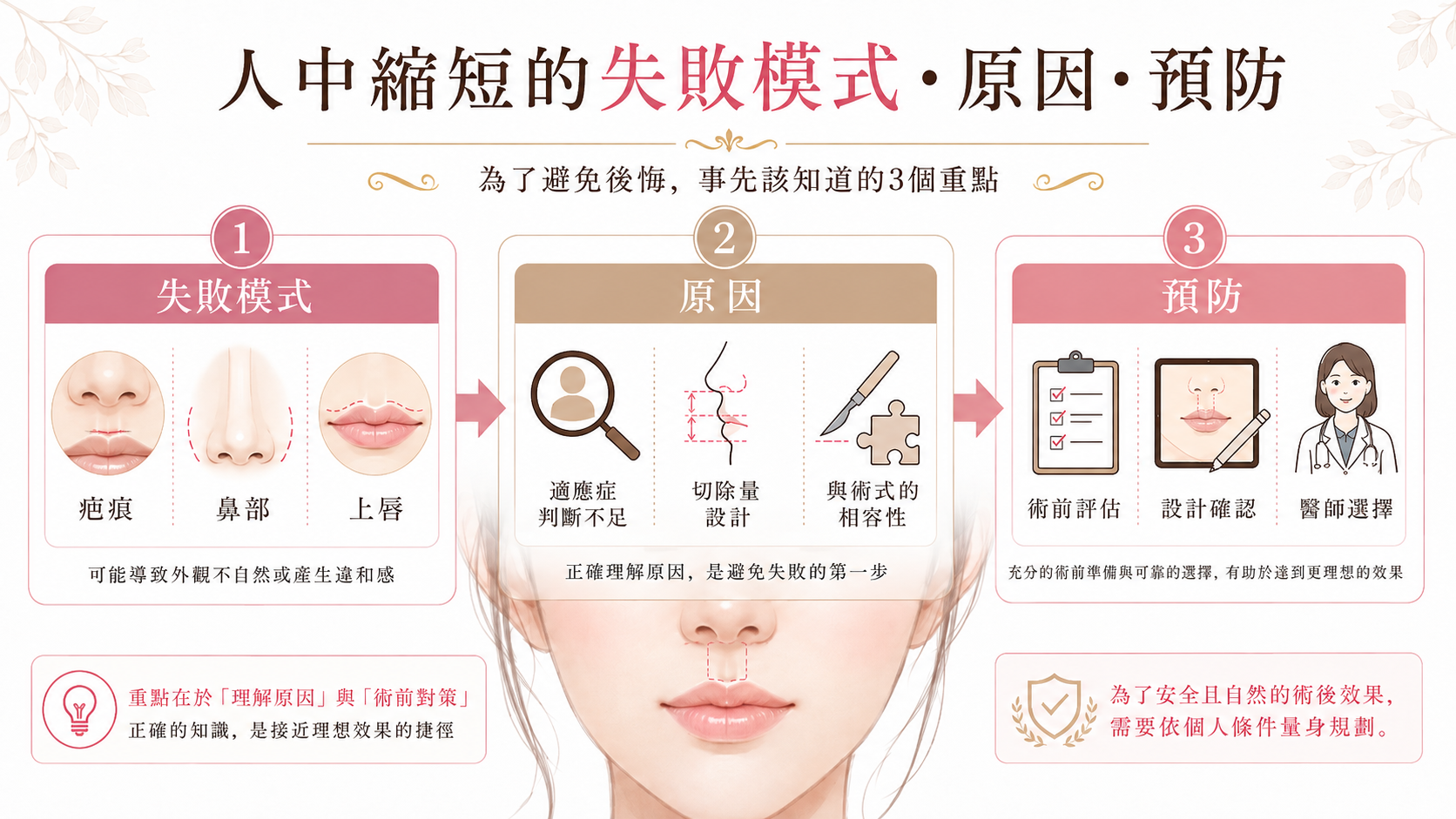整理人中縮短失敗案例及其原因與預防的示意圖