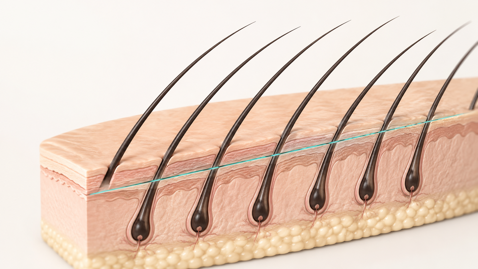 Illustration of how an angled incision preserves hair roots in forehead reduction