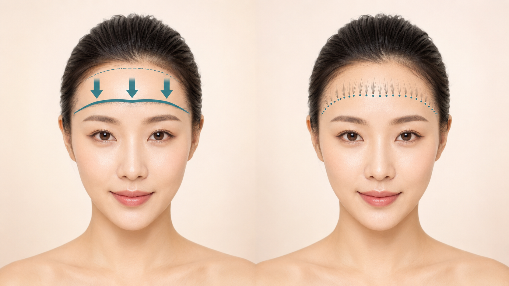 comparison of the different approaches of forehead reduction and hairline hair transplantation