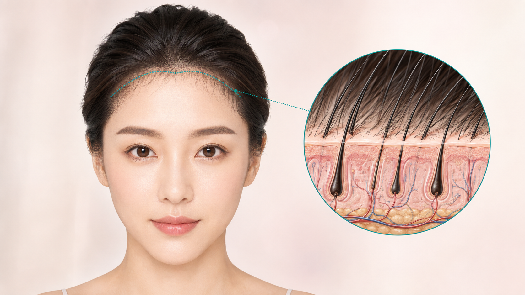 the forehead reduction scar and how hair conceals the hairline incision