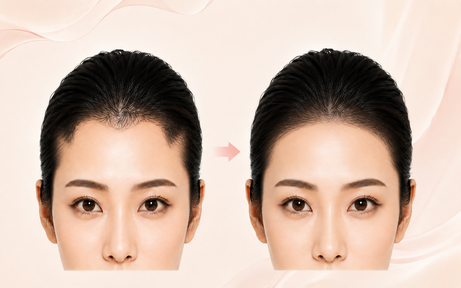 improving a woman's M-shaped hairline into a rounded forehead line