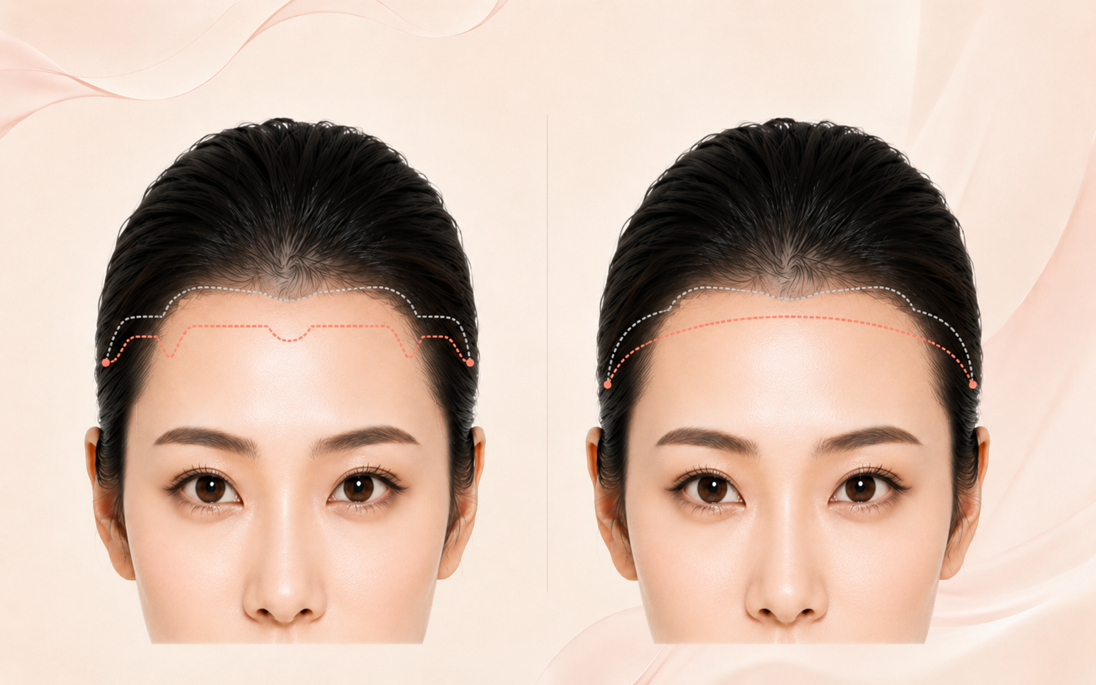 Diagram showing that the design of the forehead reduction incision line can correct the hairline's shape at the same time